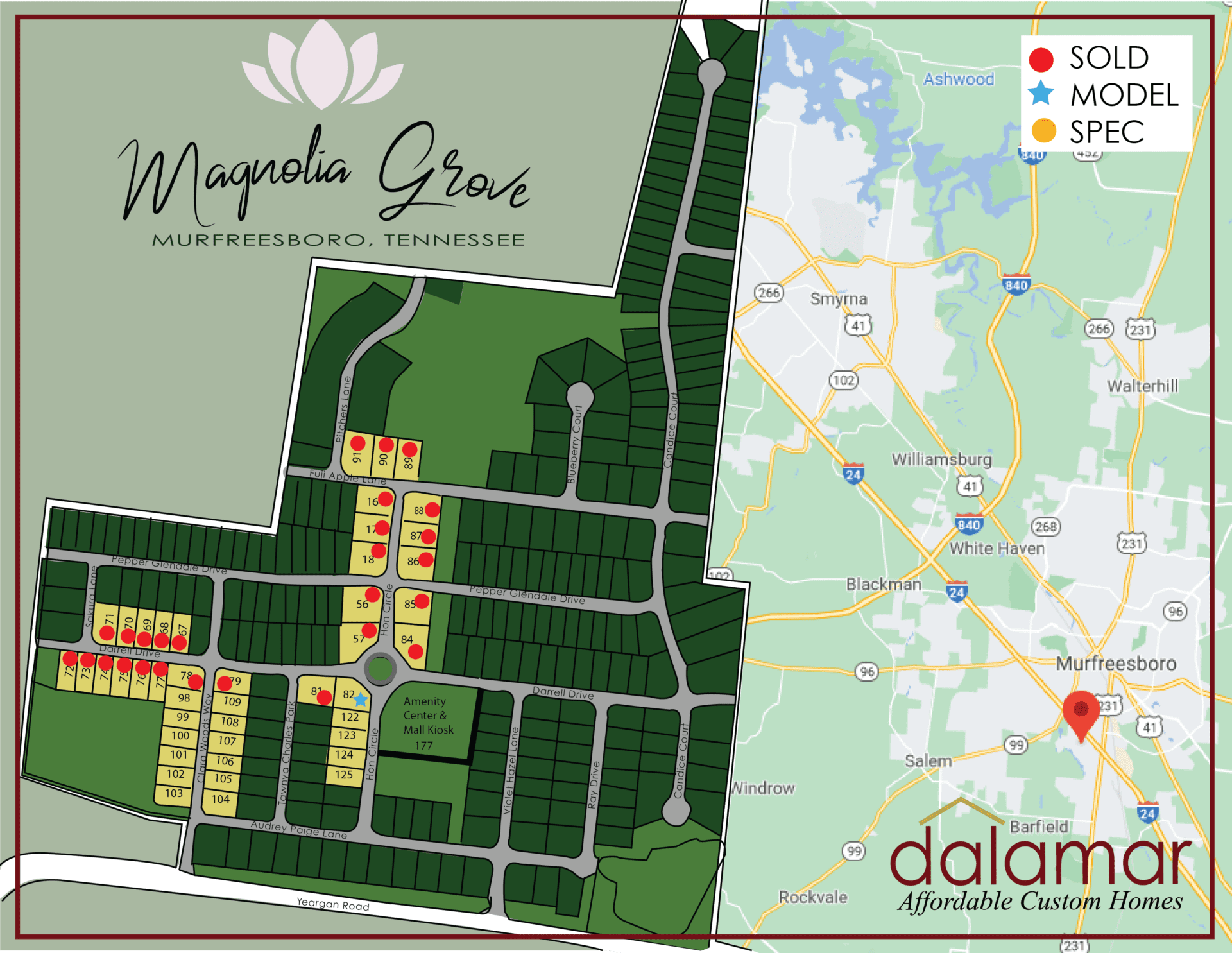 New Home Communities at Magnolia Grove displaying construction map for Murfreesboro, TN